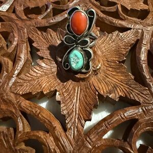 Sterling Silver Navajo Turquoise and Coral Ring size 5 3/4